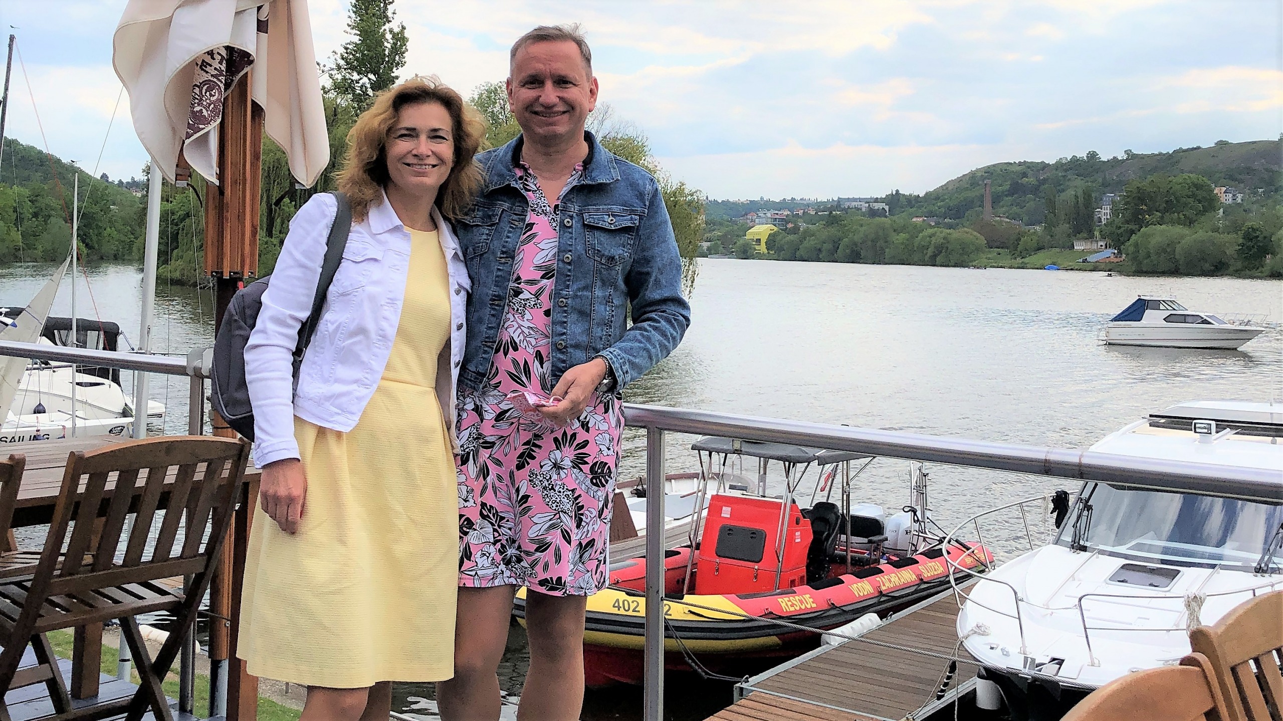 Lets have the pink dress and beer in the harbor